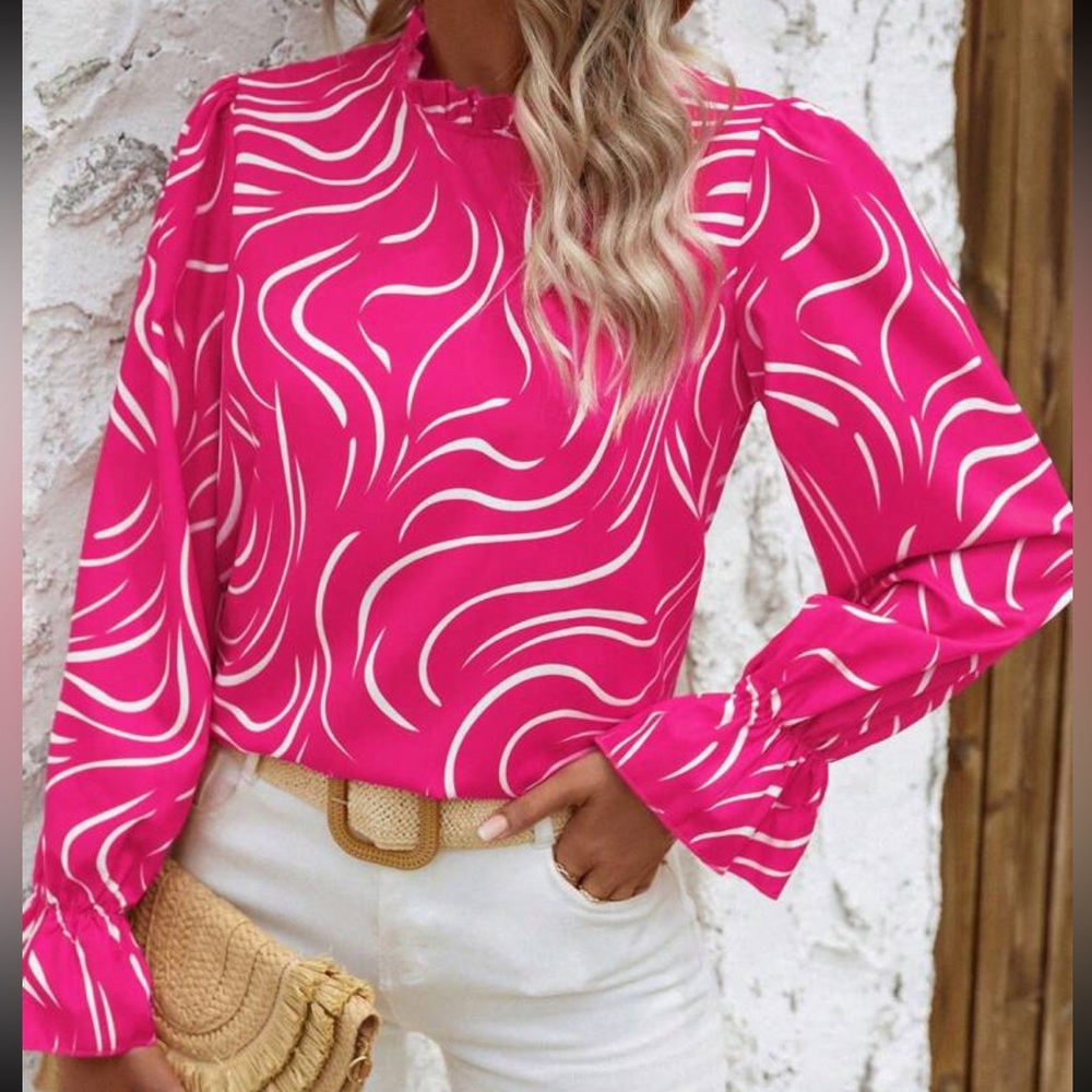 Hot pink Abstract Print Ruffle Frill Long Sleeve Top Blouse Shirt - Picture 4 of 6
